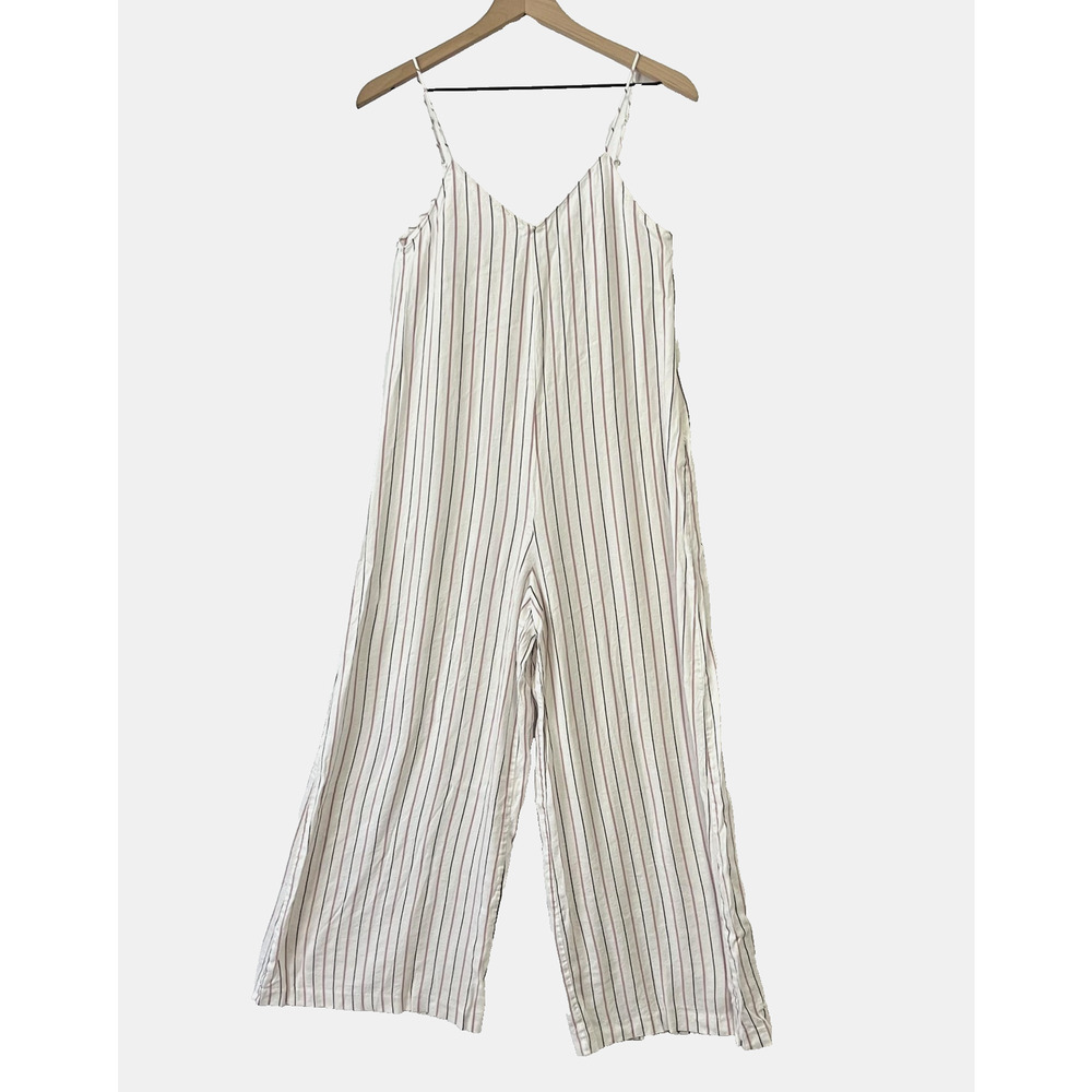 Zara Jumpsuit Womens Medium White Stripe Linen Blend Wide Leg Summer Beach Boho